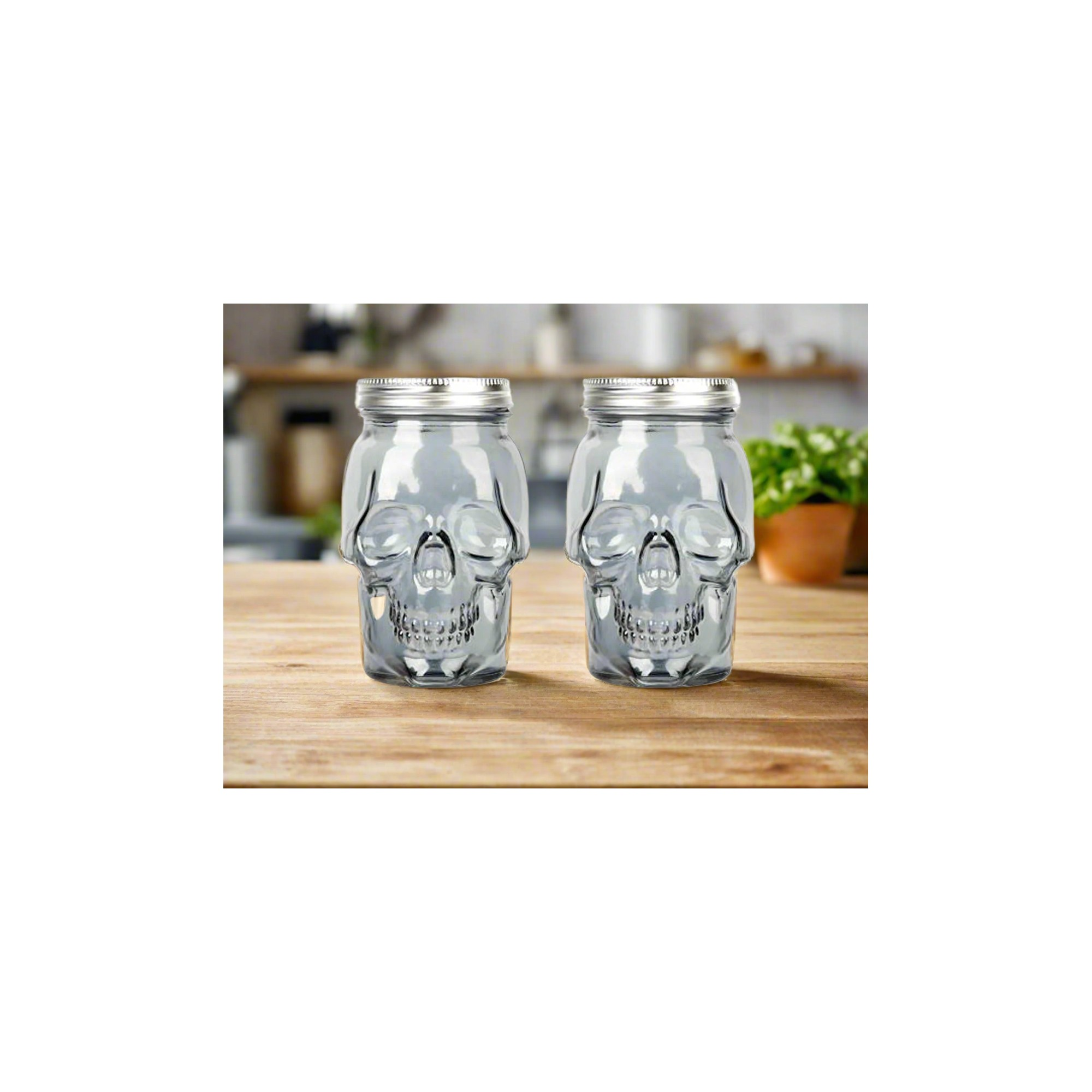 Skull Mason Jar with Lid, 4-Piece Set (2 skull Mason Jars & 2 Lids) 16oz, Smoke