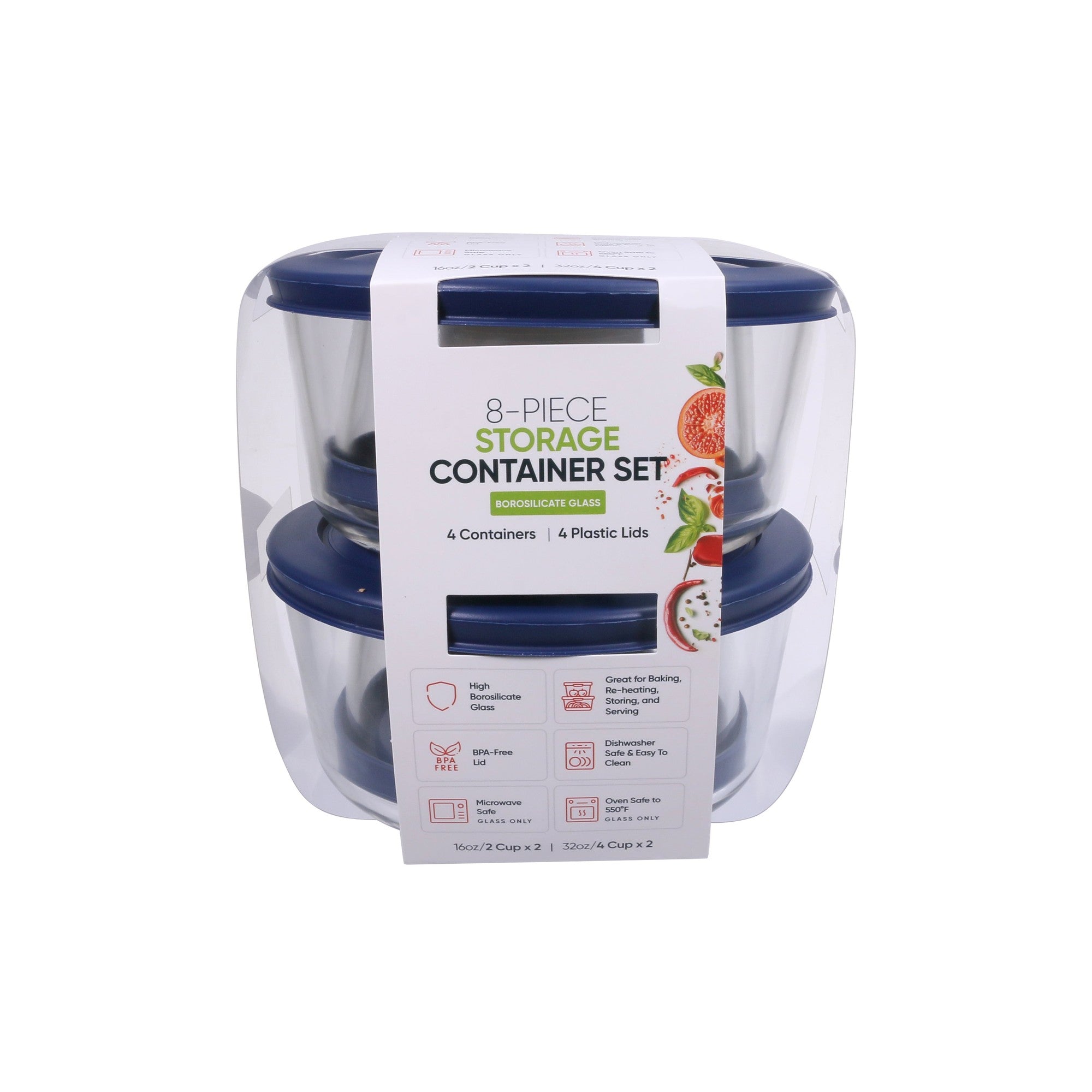 8 Piece Set (2 X 2 Cup / 16Oz & 2 X 4 Cup / 32Oz) Round Glass Storage Containers With Lids, Blue