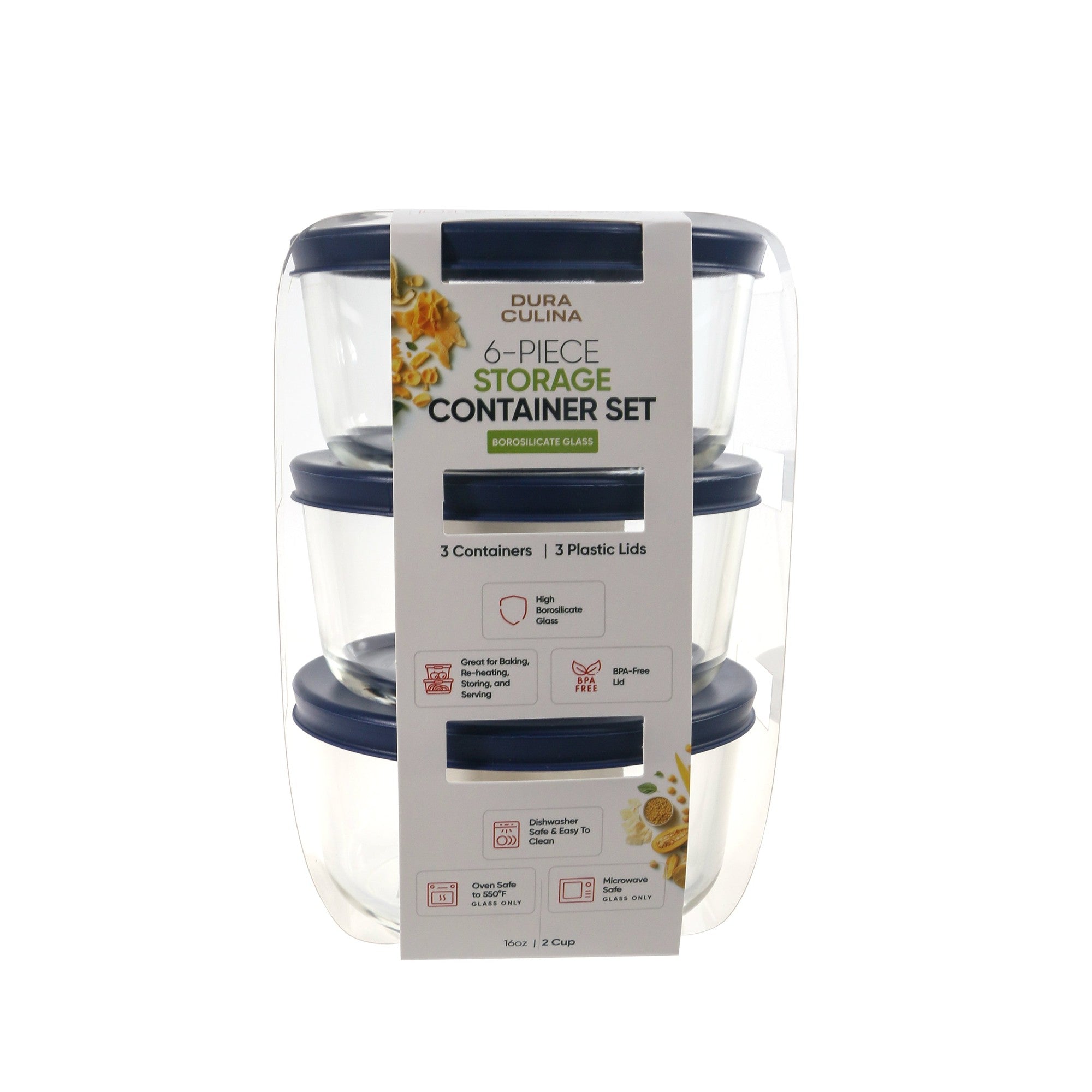 6 Piece Set (2 Cup / 16Oz) Round Glass Storage Containers With Lids, Blue
