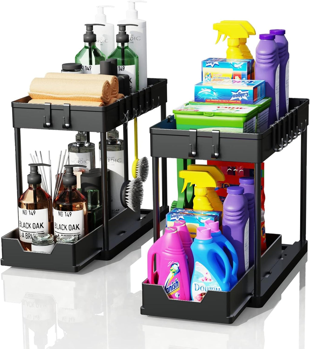 2 Pack Under Sink Organiser 2 Tier Sliding Drawer Storage