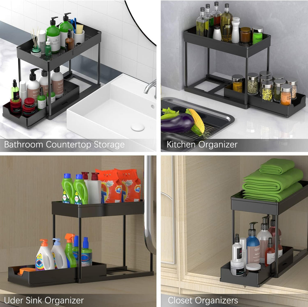 2 Pack Under Sink Organiser 2 Tier Sliding Drawer Storage
