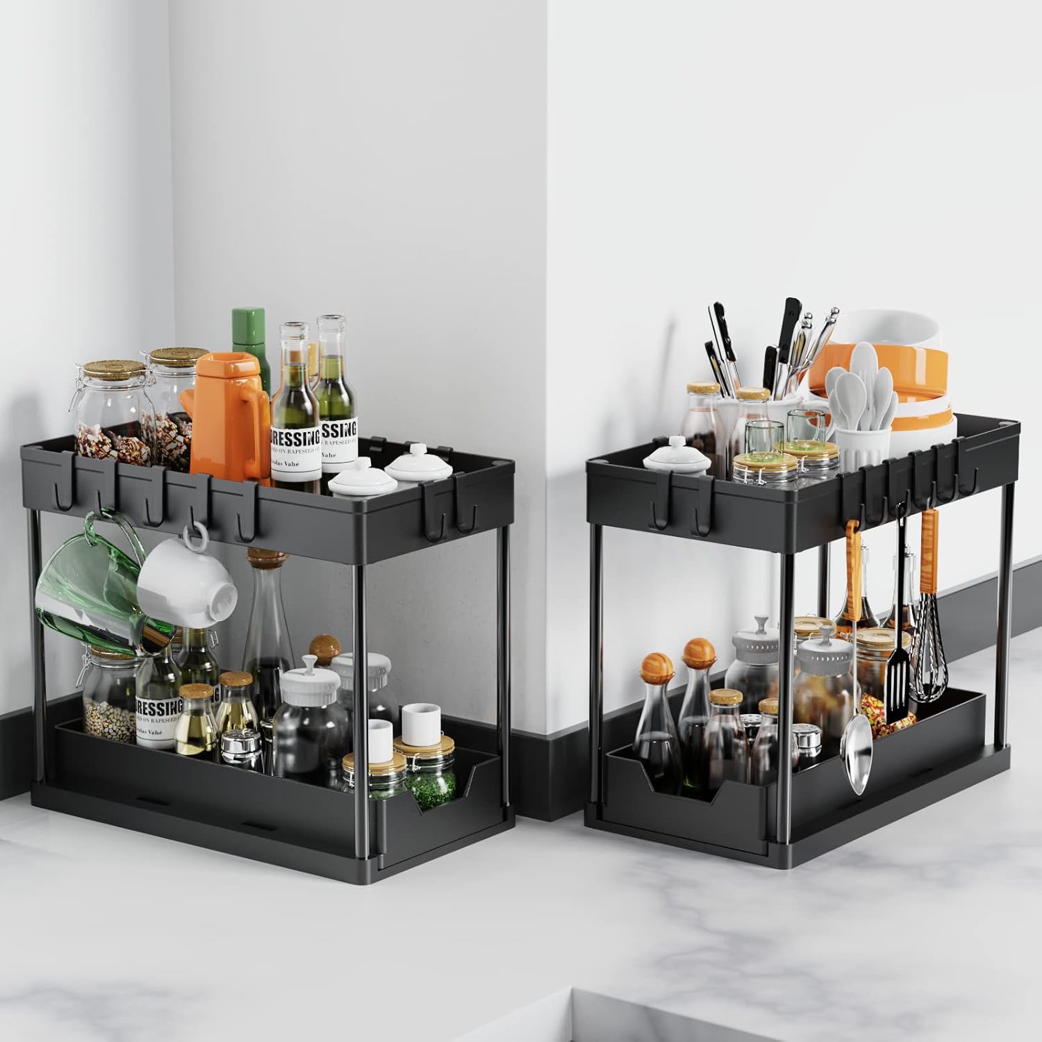 2 Pack Under Sink Organiser 2 Tier Sliding Drawer Storage
