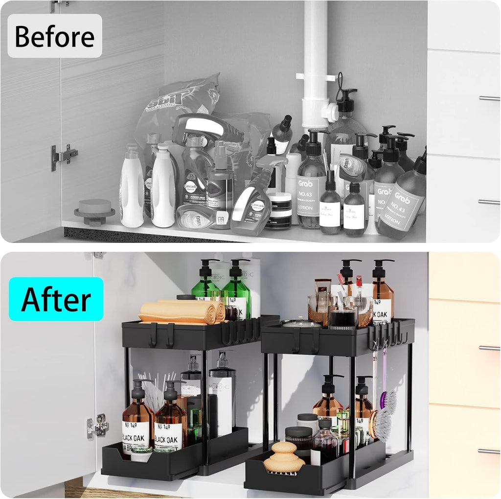 2 Pack Under Sink Organiser 2 Tier Sliding Drawer Storage
