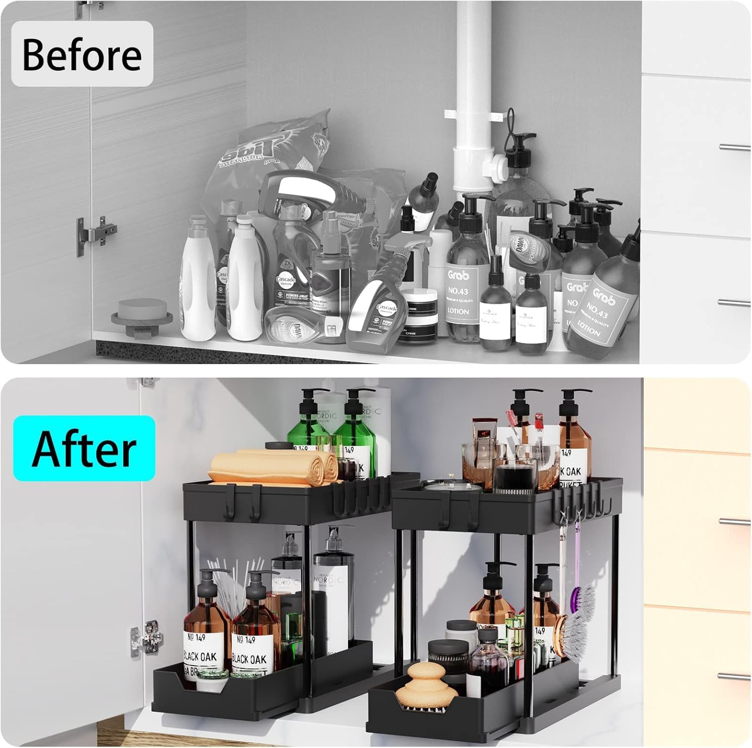 2 Pack Under Sink Organiser 2 Tier Sliding Drawer Storage