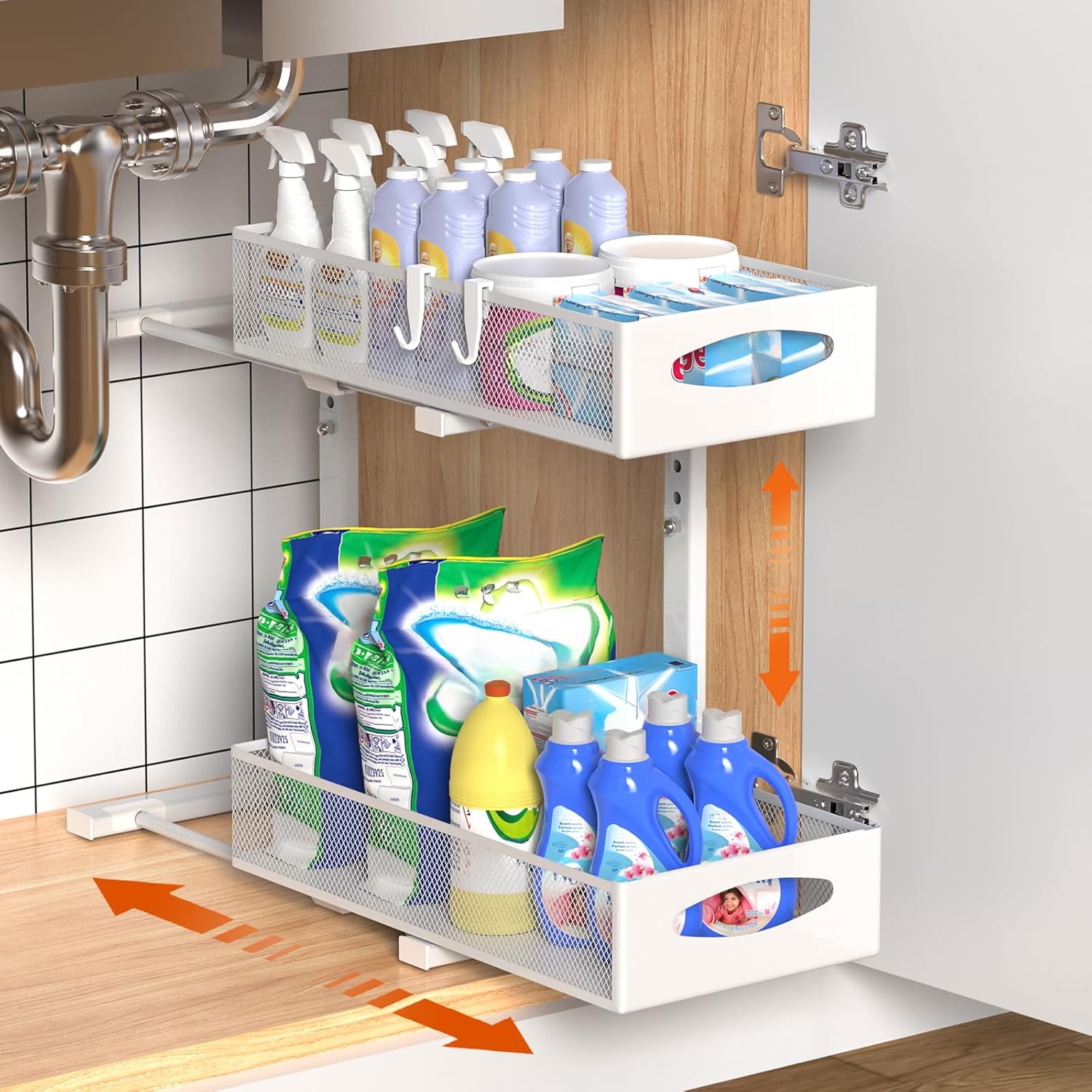 2 Tier Under Sink Organiser with Pull - Out Sliding Drawers - White