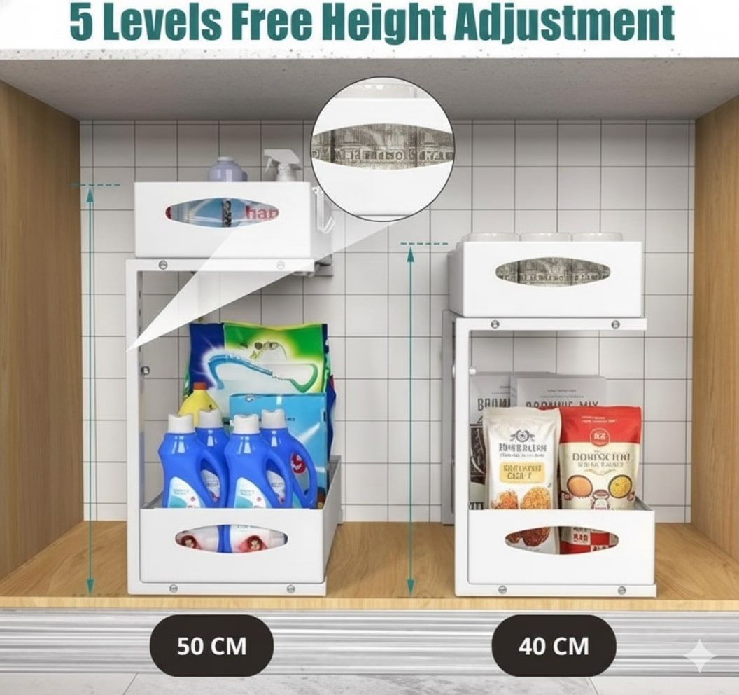 2 Tier Under Sink Organiser with Pull - Out Sliding Drawers - White
