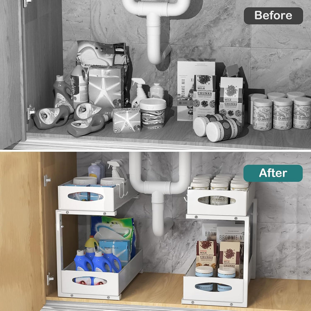 2 Tier Under Sink Organiser with Pull - Out Sliding Drawers - White