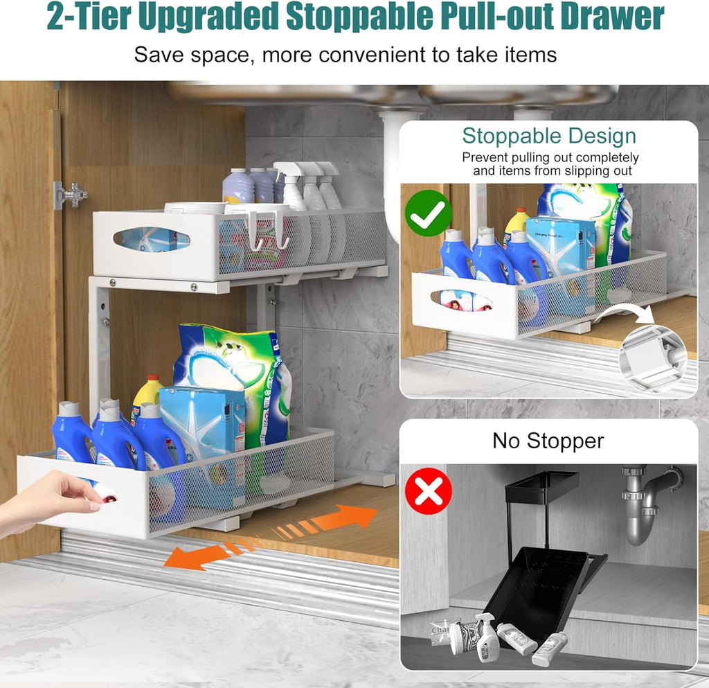 2 Tier Under Sink Organiser with Pull - Out Sliding Drawers - White