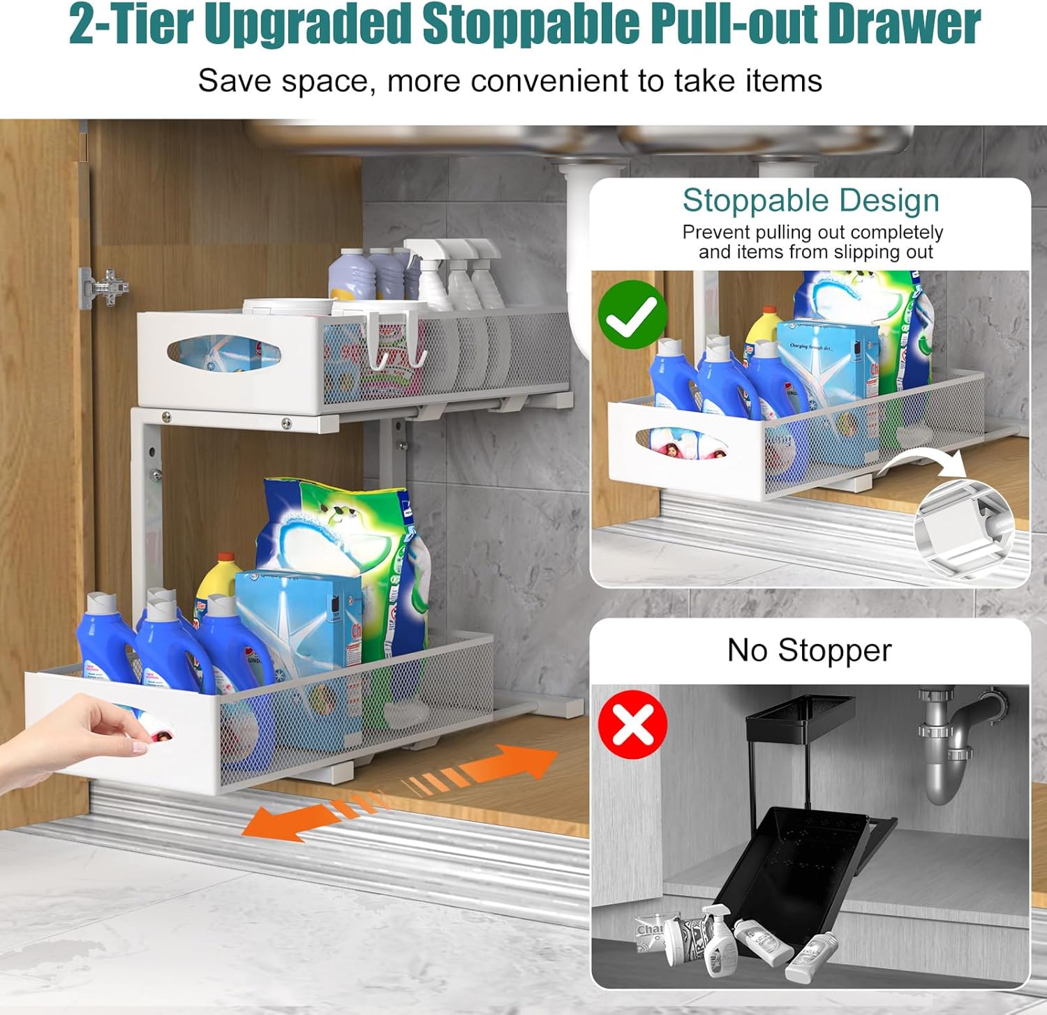 2 Tier Under Sink Organiser with Pull - Out Sliding Drawers - White