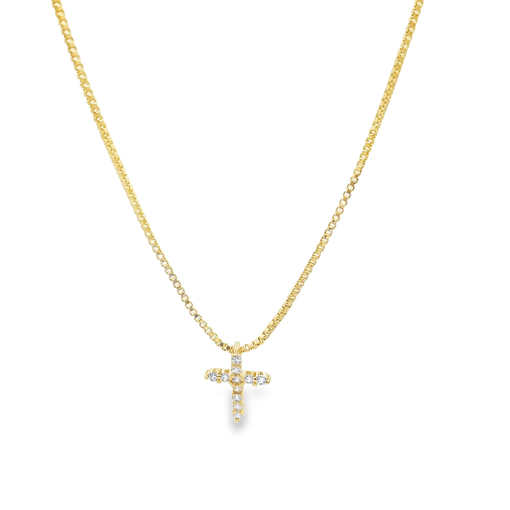 Dainty CZ Pave Cross Pendant Box Chain Necklace (F238A)