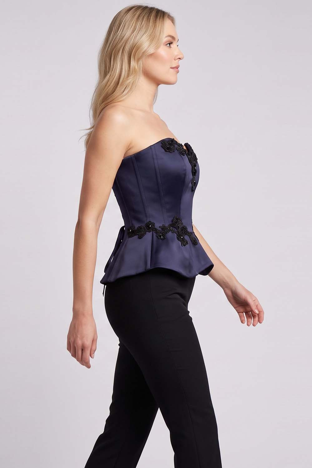 ODETTE Beaded Peplum Overbust Corset — Navy