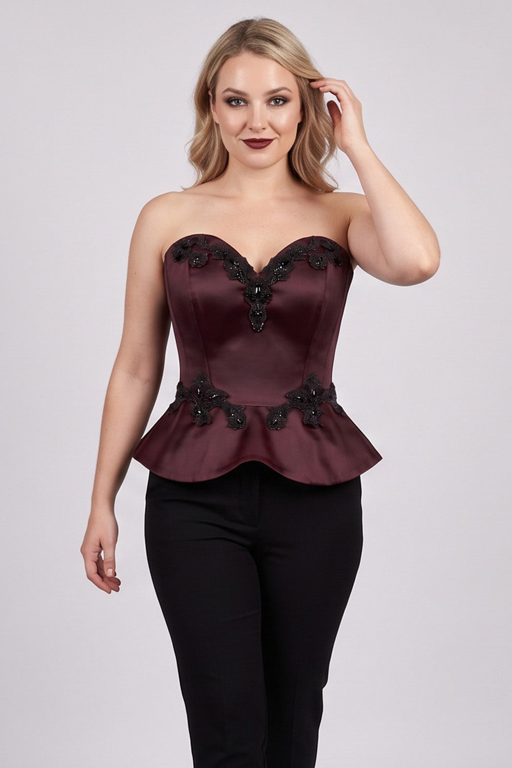 ODETTE Beaded Peplum Overbust Corset — Maroon