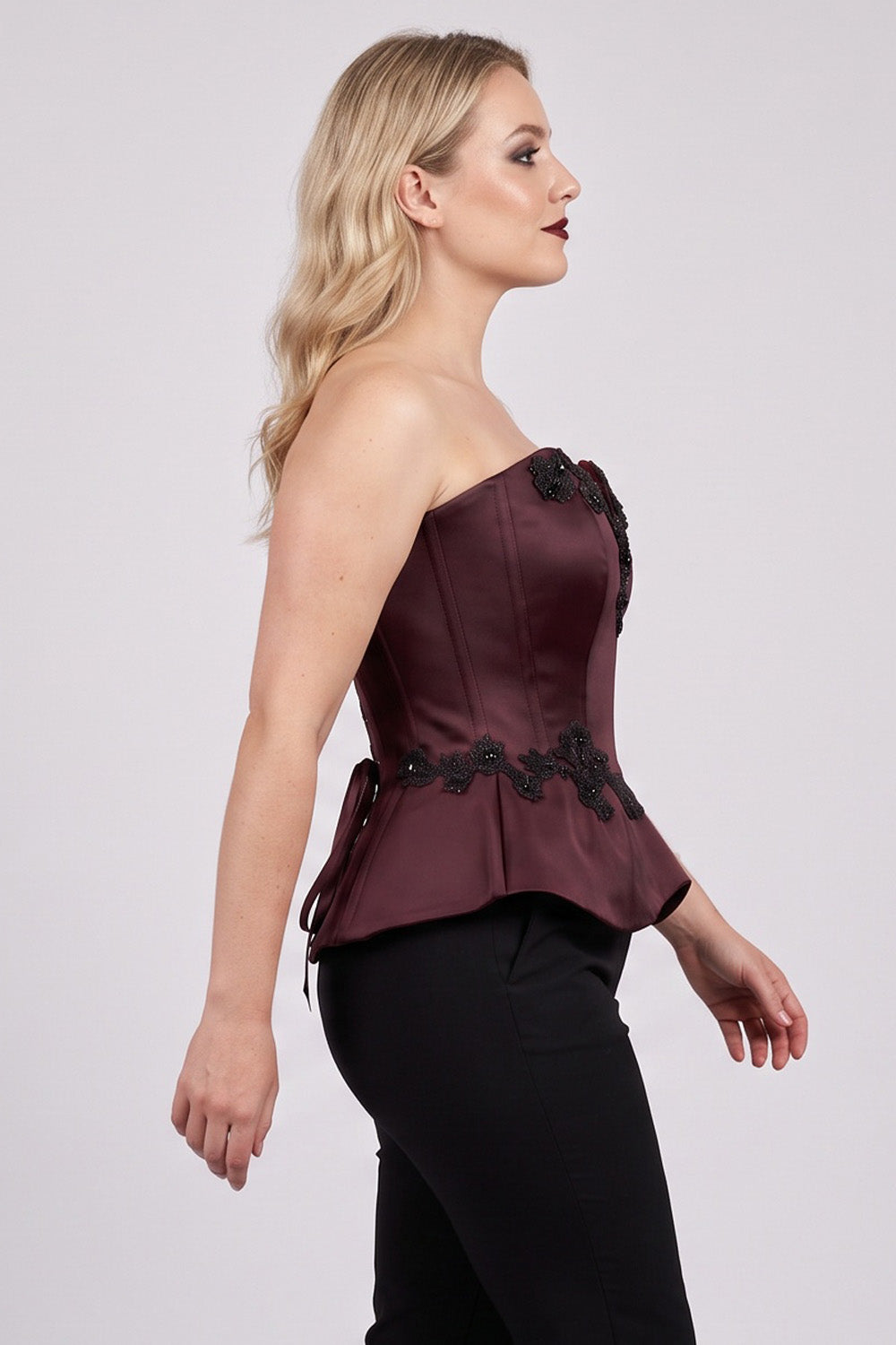 ODETTE Beaded Peplum Overbust Corset — Maroon
