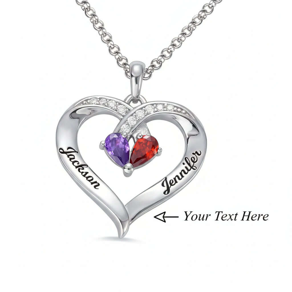 Custom Heart Gemstone Necklace – S925 Silver Personalized Name Pendant for Couples