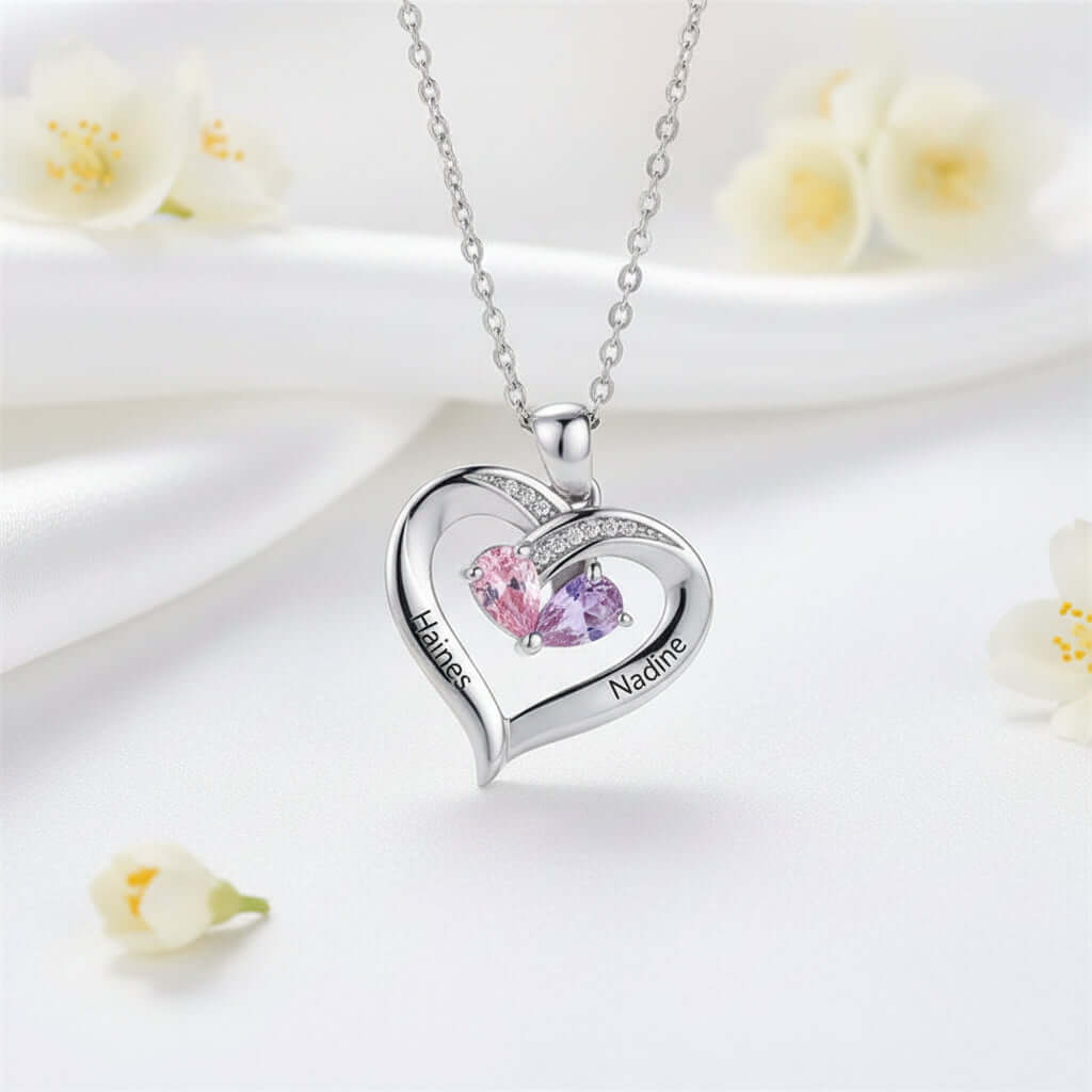 Custom Heart Gemstone Necklace – S925 Silver Personalized Name Pendant for Couples