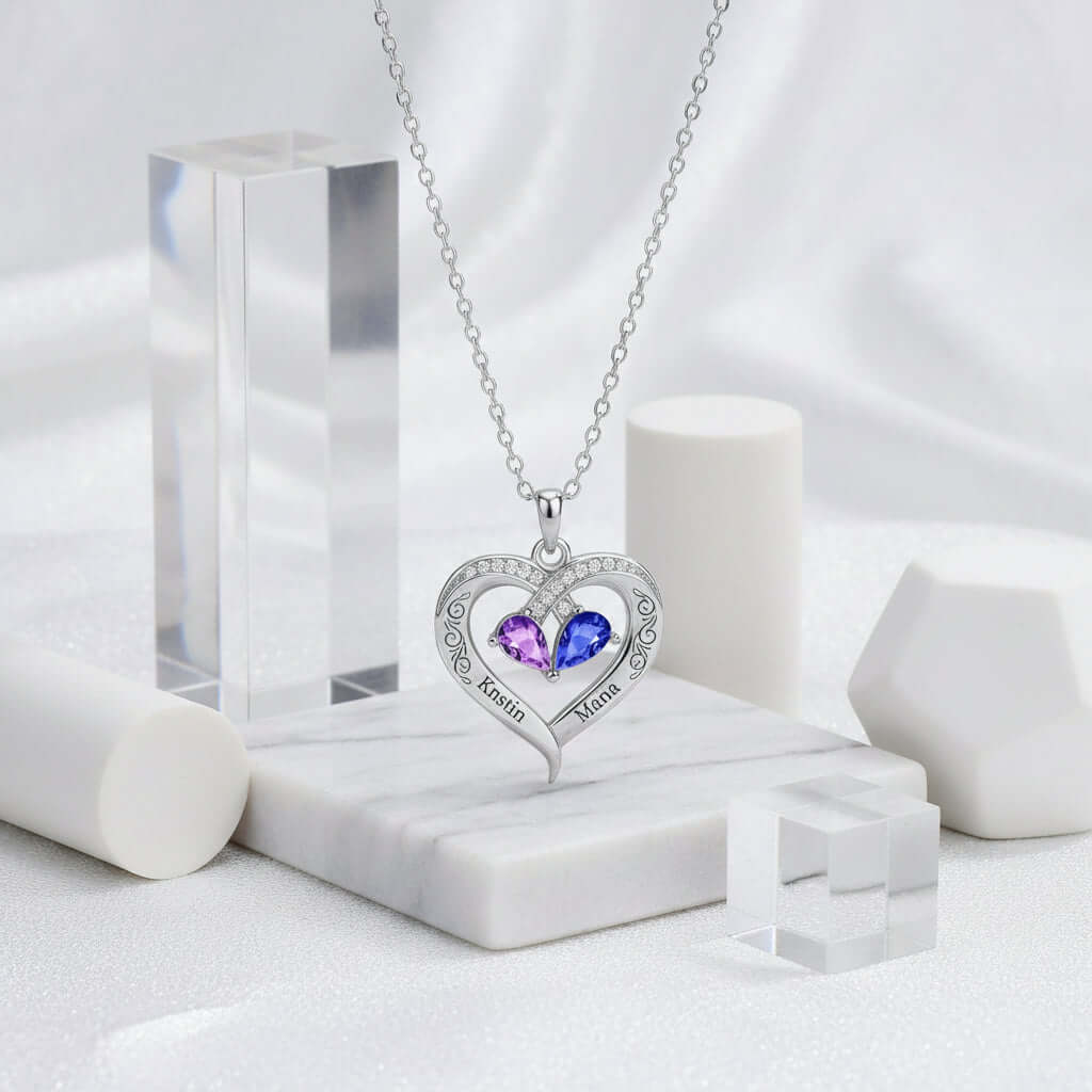 Custom Heart Gemstone Necklace – S925 Silver Personalized Name Pendant for Couples
