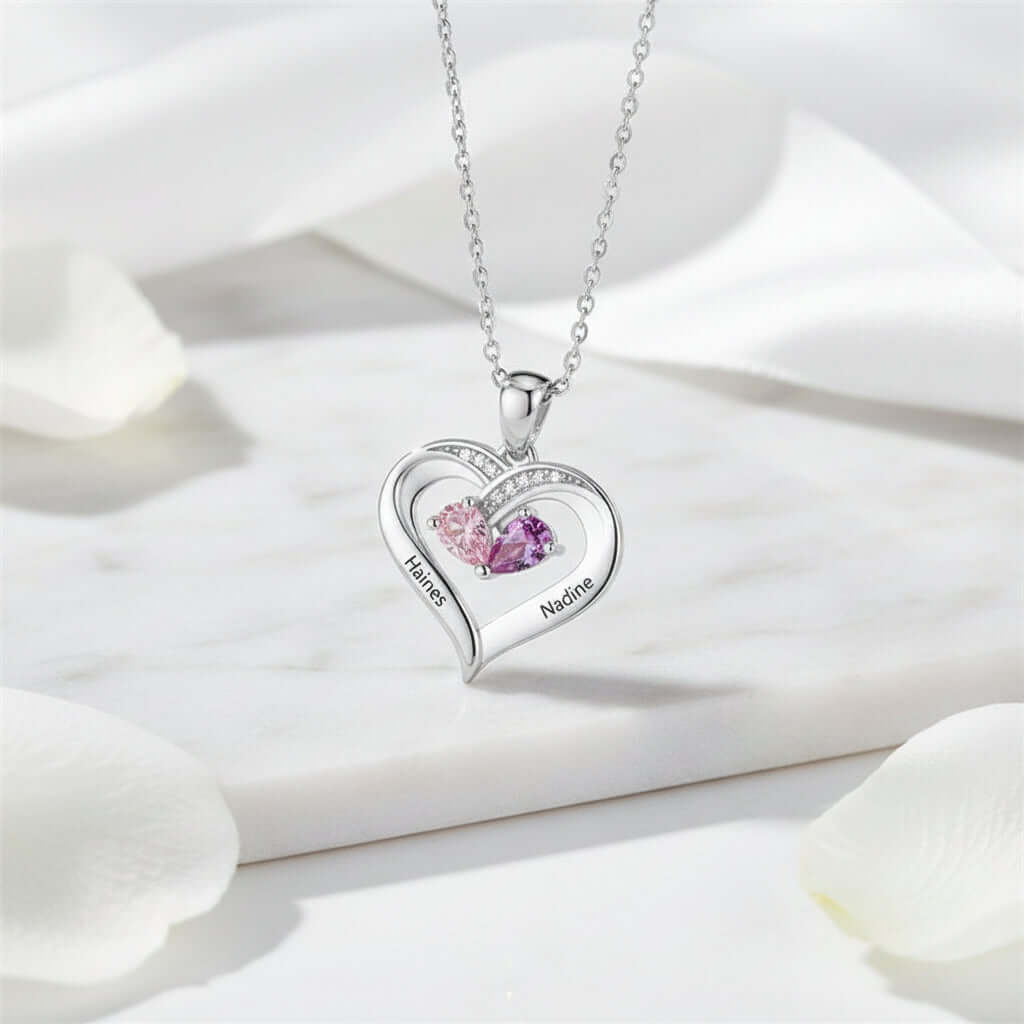 Custom Heart Gemstone Necklace – S925 Silver Personalized Name Pendant for Couples