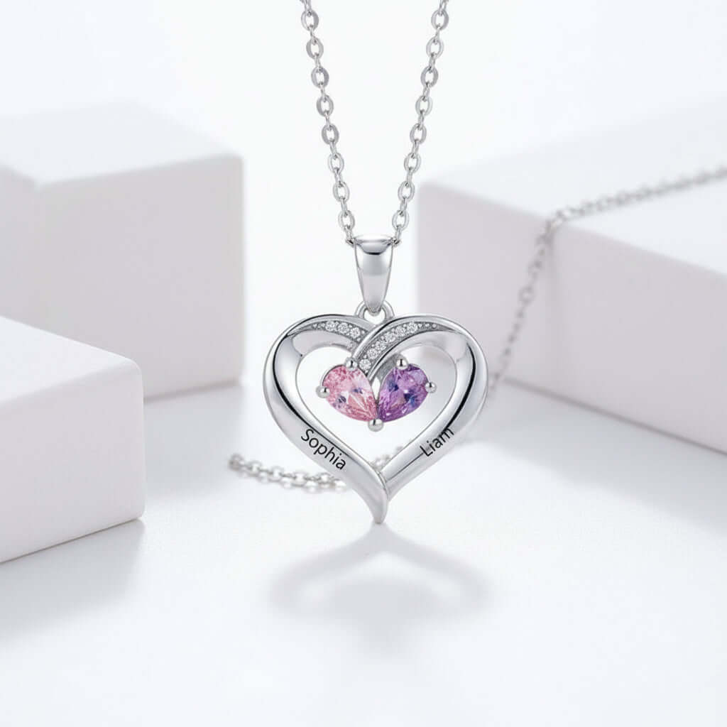 Custom Heart Gemstone Necklace – S925 Silver Personalized Name Pendant for Couples