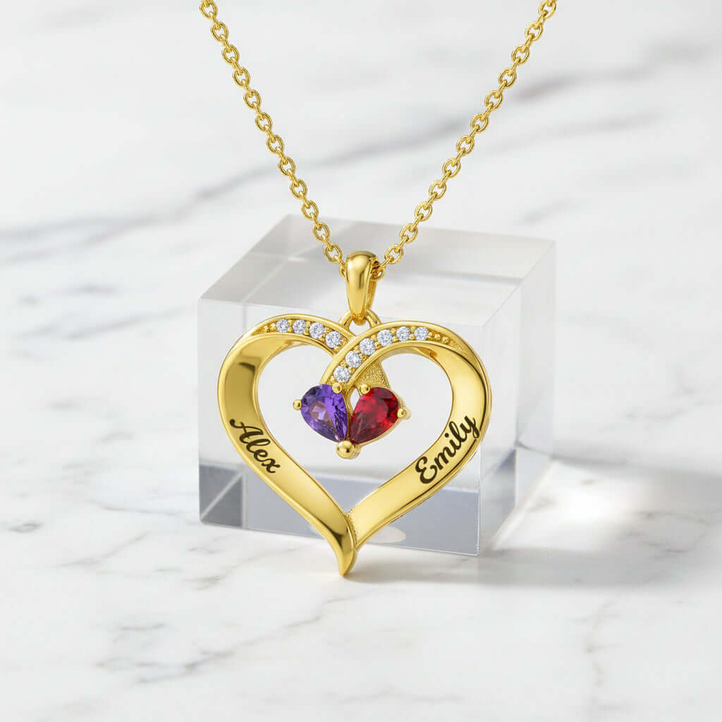 Custom Heart Gemstone Necklace – S925 Silver Personalized Name Pendant for Couples