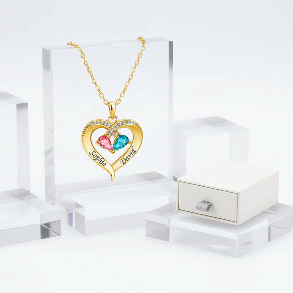 Custom Heart Gemstone Necklace – S925 Silver Personalized Name Pendant for Couples