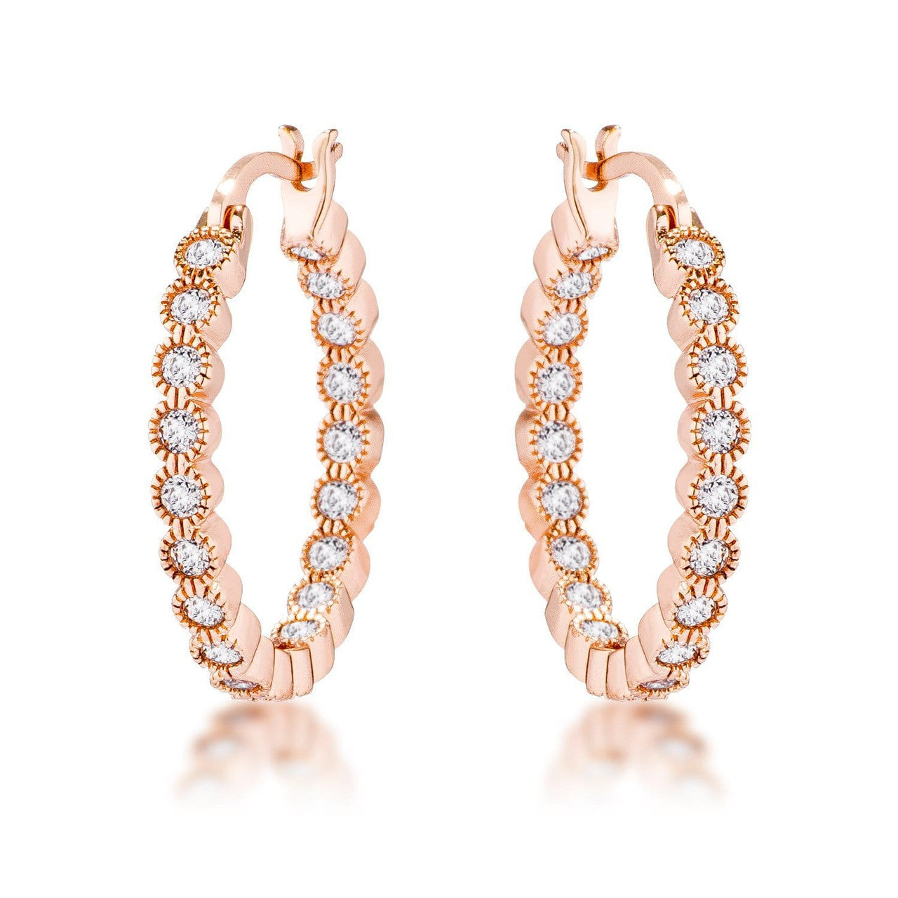 Rose Gold Plated Dotted Clear CZ Round Bezel Hoop Earrings