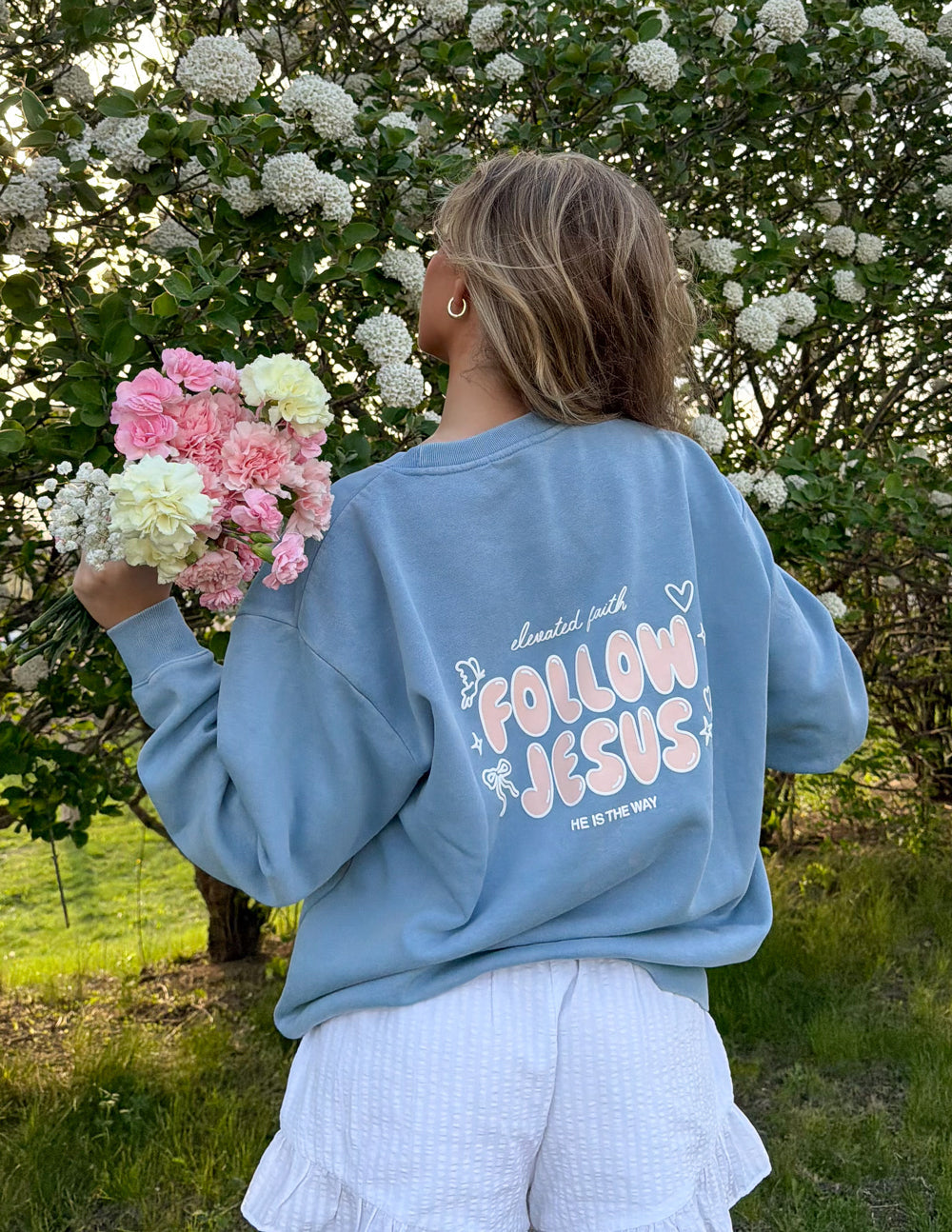 Spread Love – Follow Jesus Unisex Crewneck | Garment Dyed | 70% Cotton | Bluebell