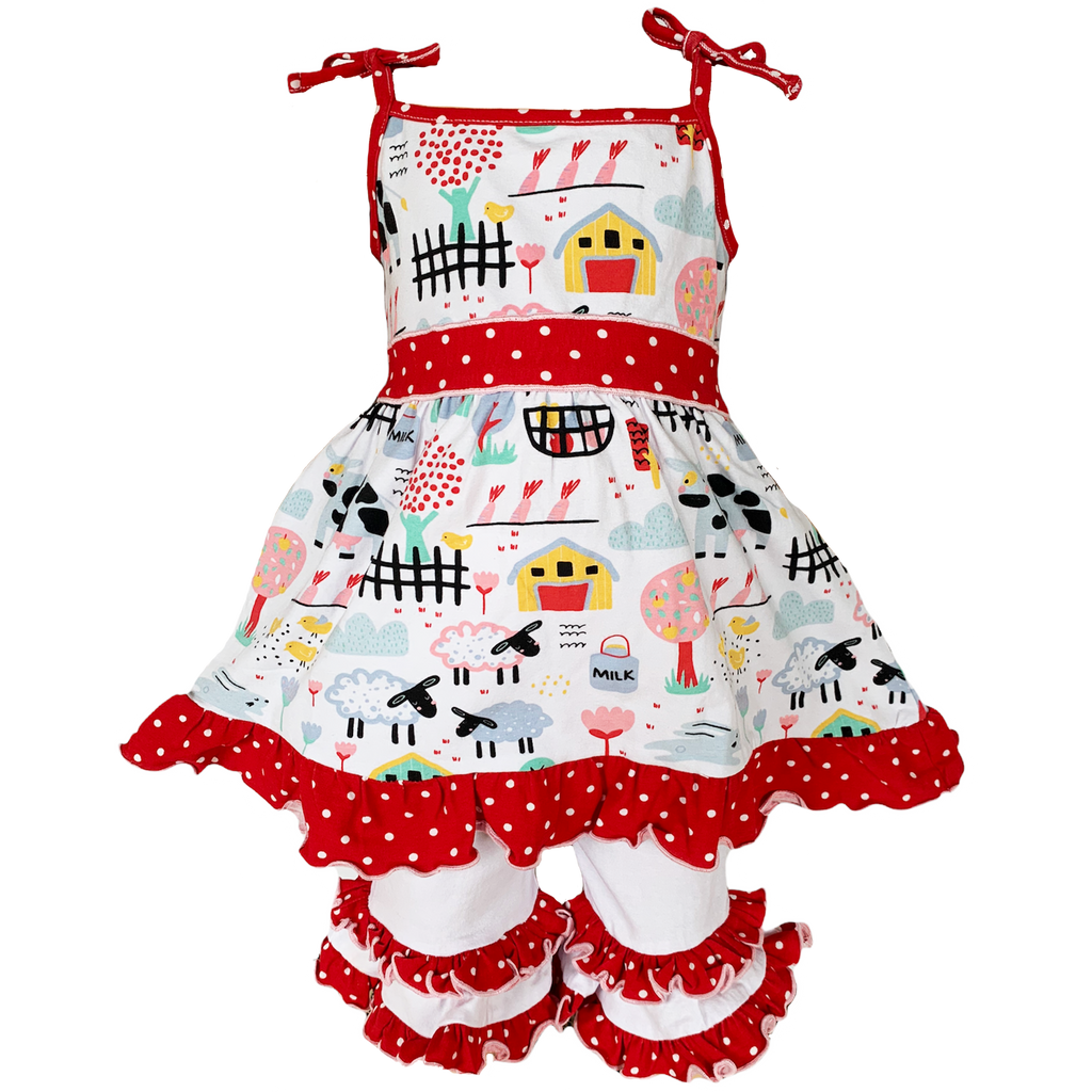 AnnLoren Little & Big Girls Farm Animals Dress and Capri Ruffle Leggings Outfit