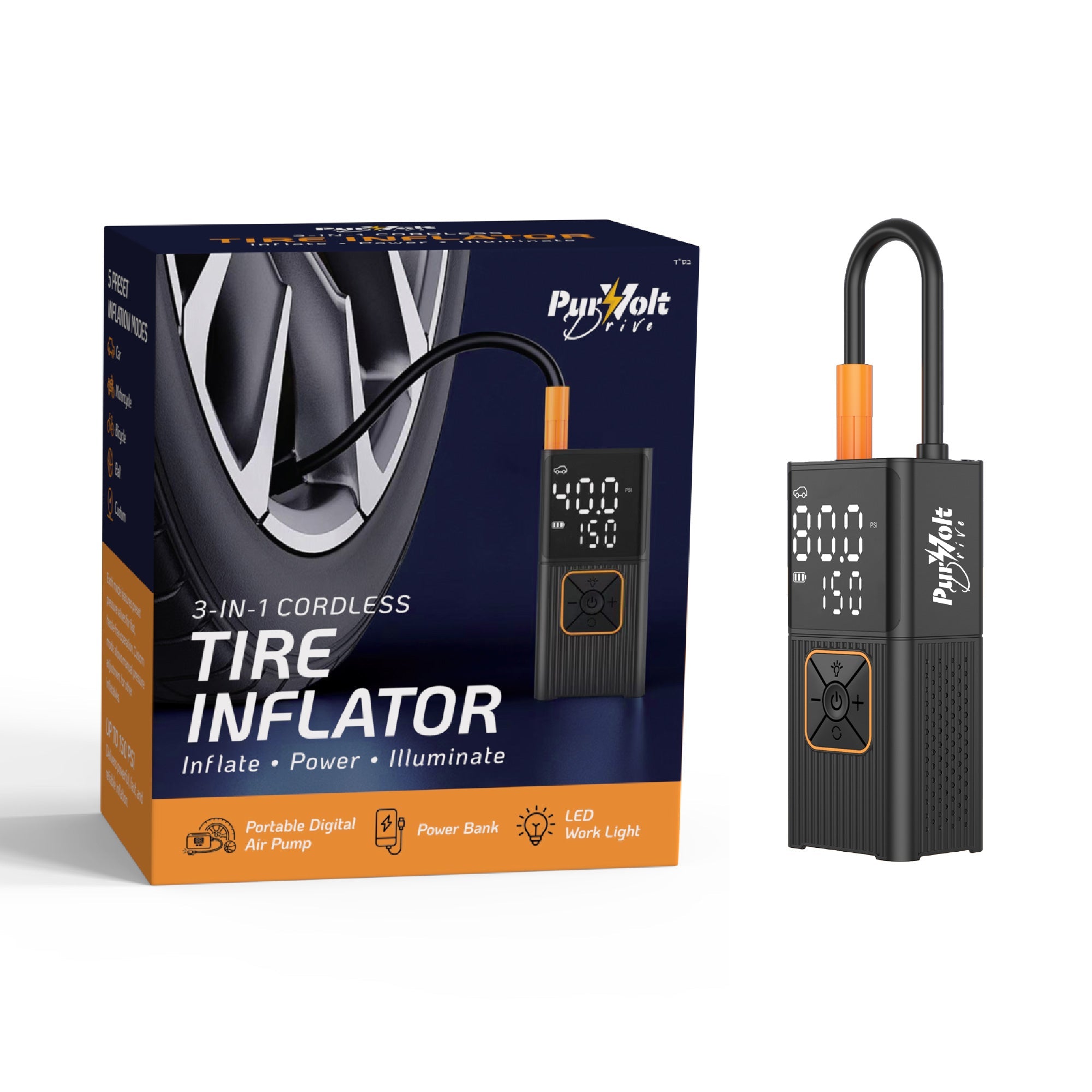 3-in-1 Cordless Tire Inflator- Inflator, Power Bank & LED Light