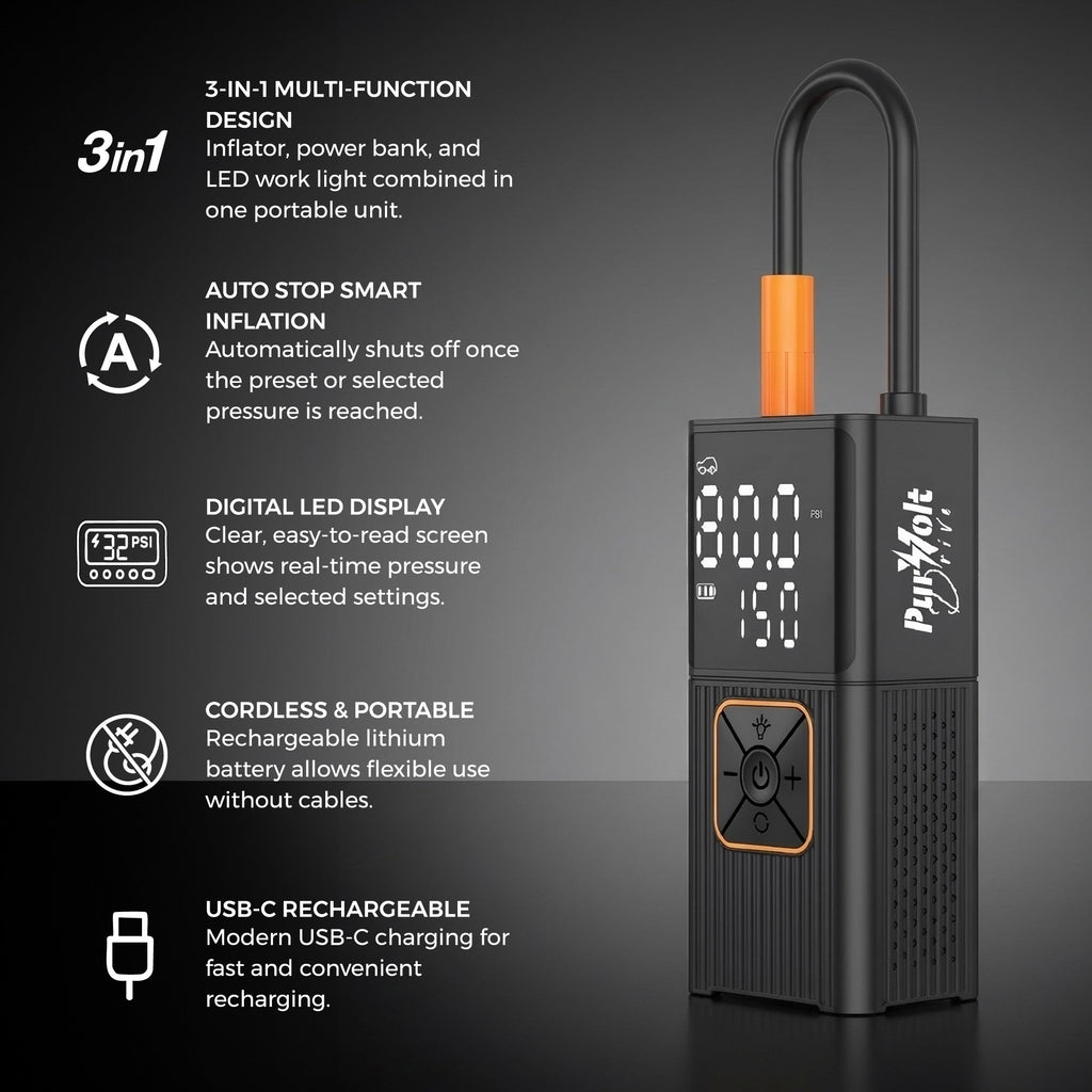 Pursonic Roadside Safety Bundle – 3-in-1 Cordless Tire Inflator & UltraBright Rechargeable Flashlight