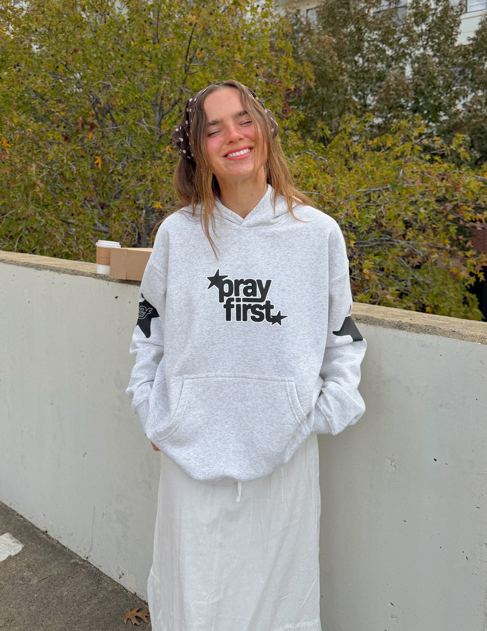 Spread Love – Pray First Unisex Hoodie | 70% Cotton | Heather Grey