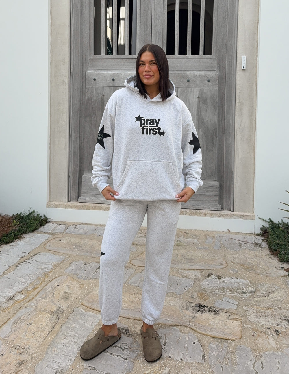Spread Love – Pray First Unisex Hoodie | 70% Cotton | Heather Grey