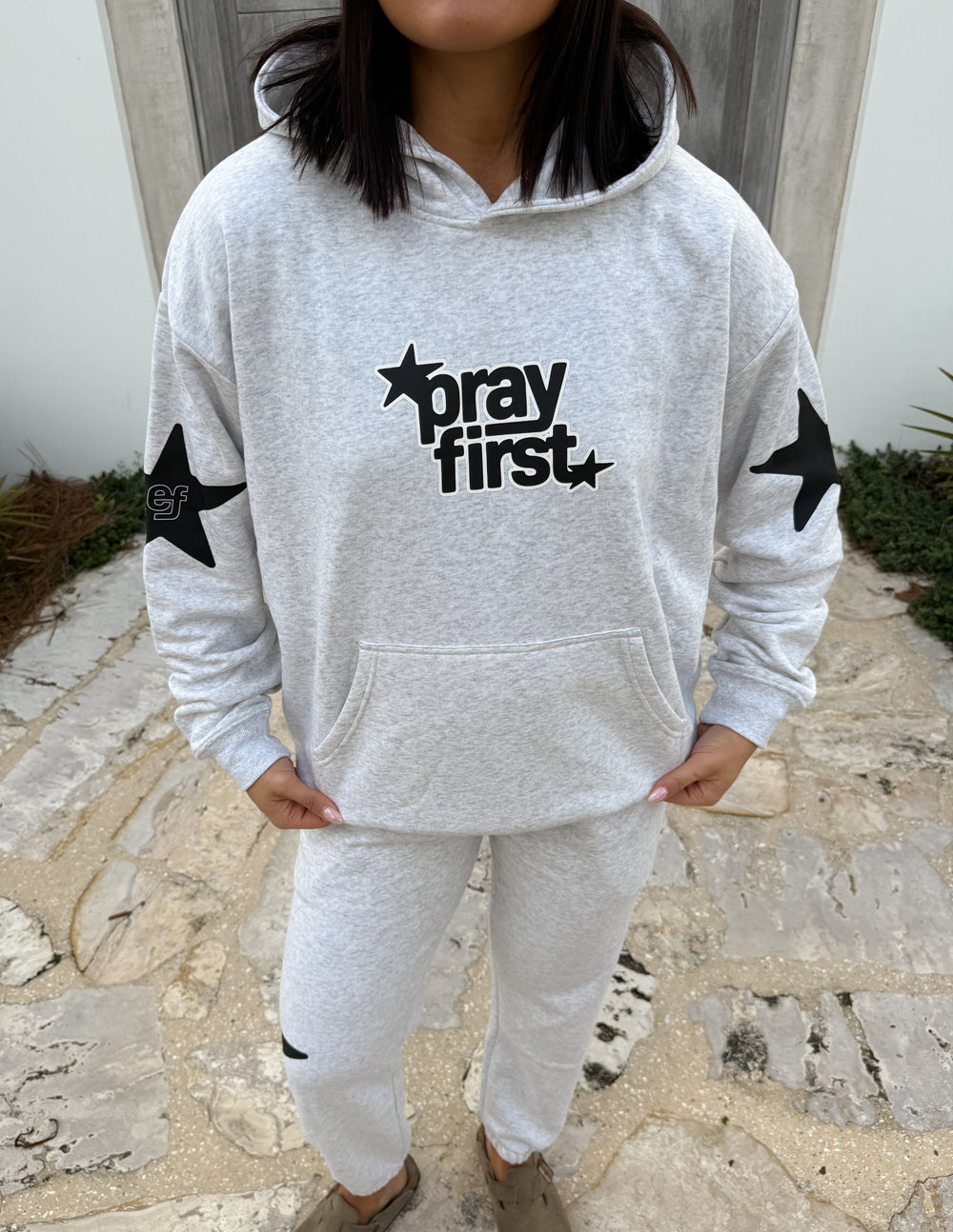 Spread Love – Pray First Unisex Hoodie | 70% Cotton | Heather Grey