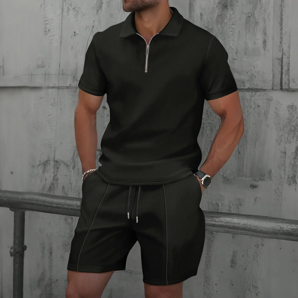 Waffle solid color zip-up lapel short-sleeve suit