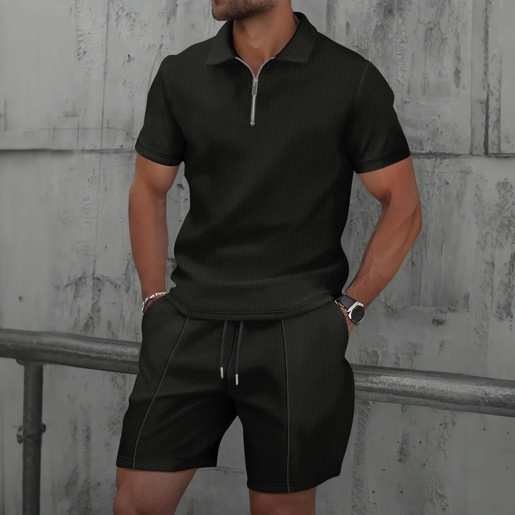 Waffle solid color zip-up lapel short-sleeve suit