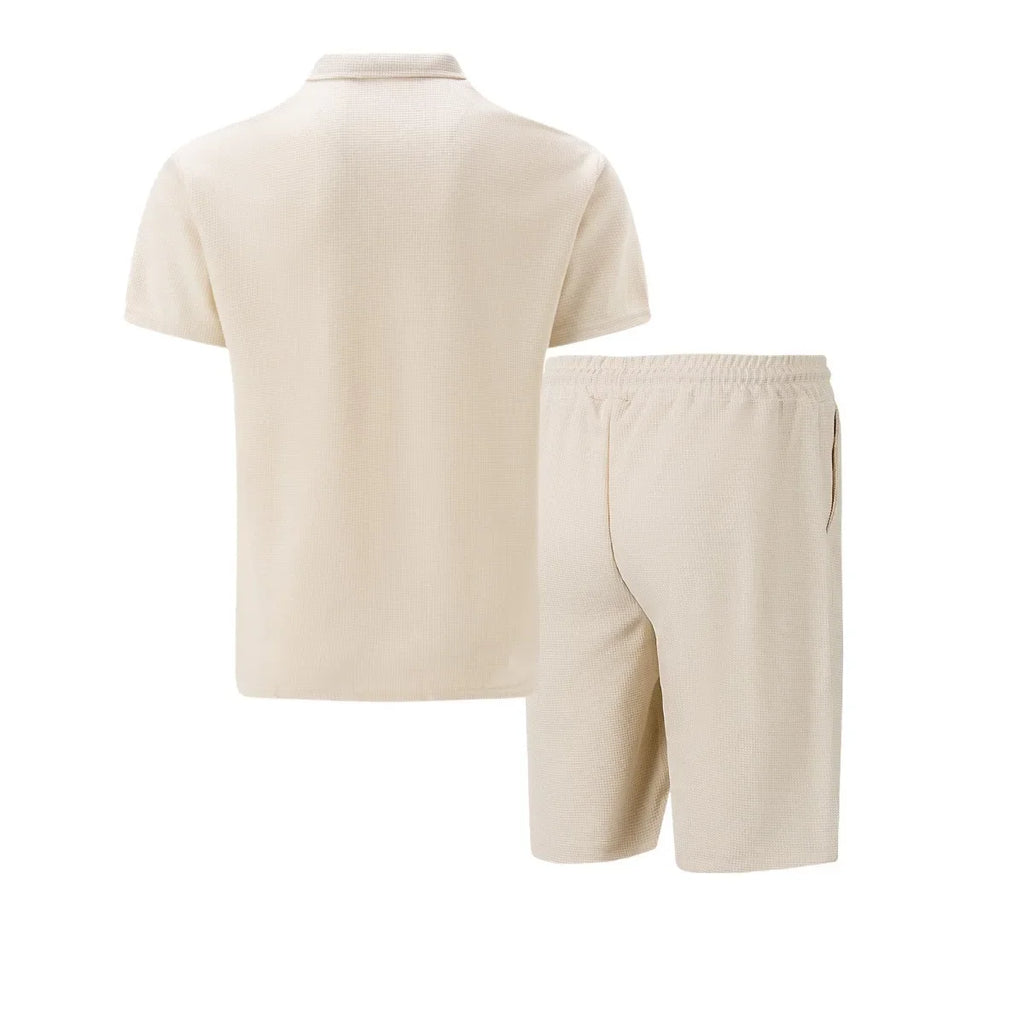 Waffle solid color zip-up lapel short-sleeve suit