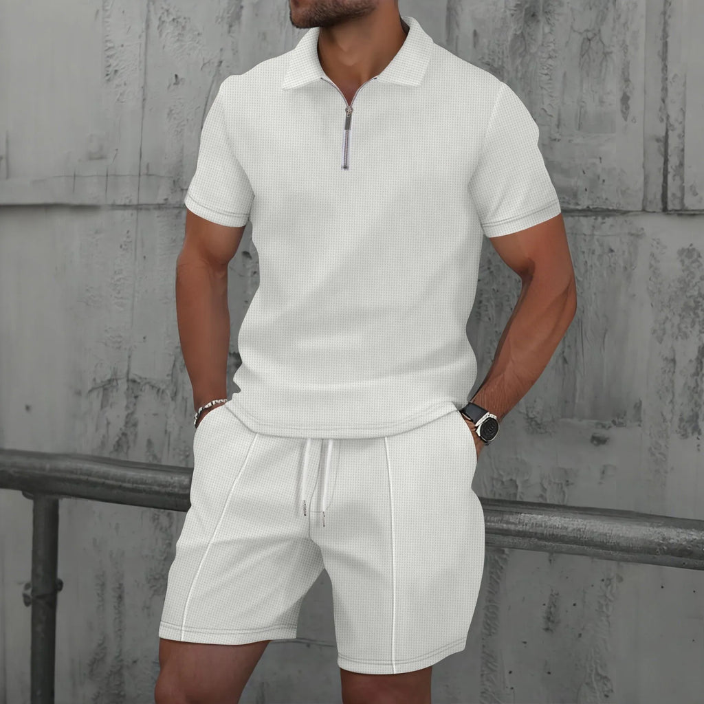 Waffle solid color zip-up lapel short-sleeve suit