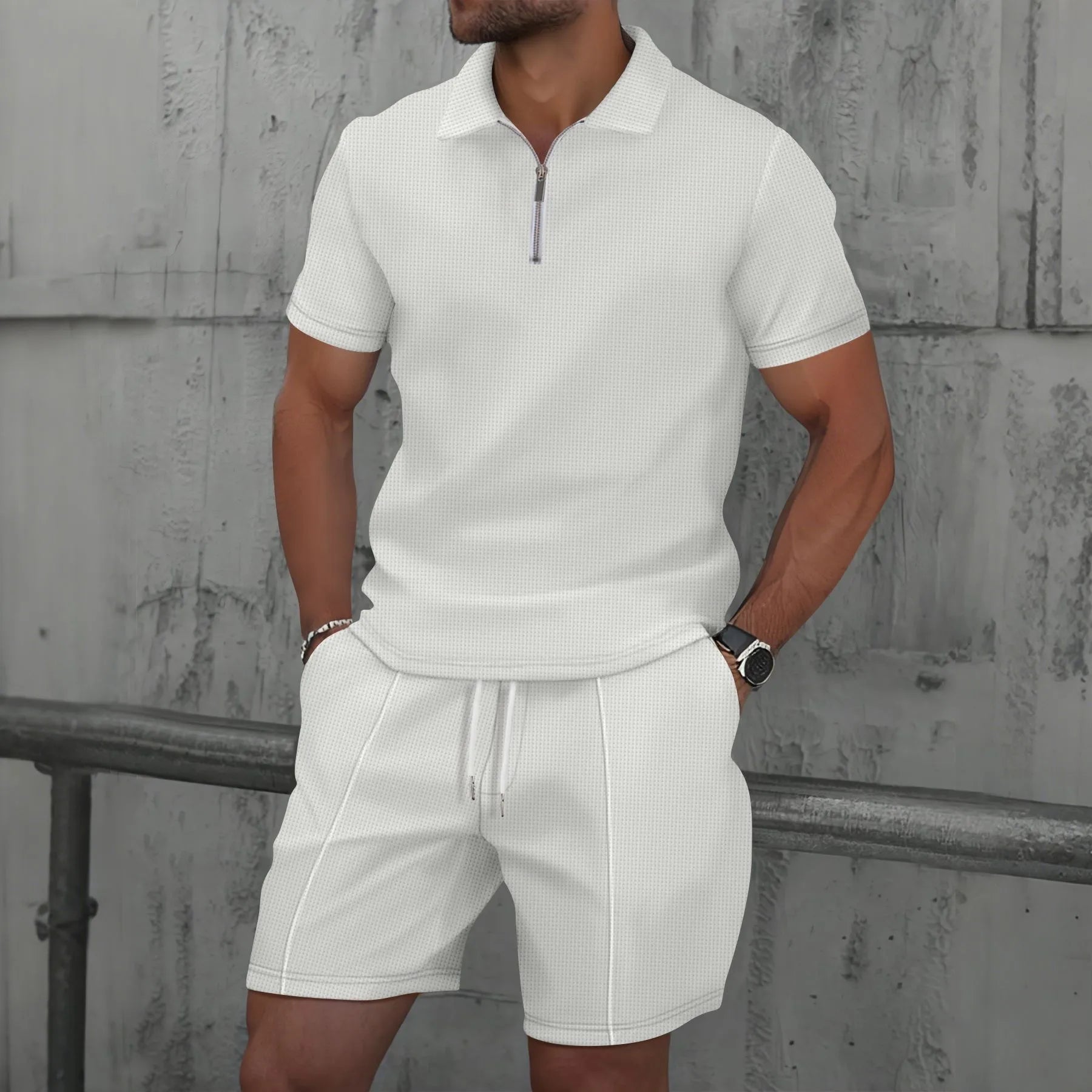 Waffle solid color zip-up lapel short-sleeve suit