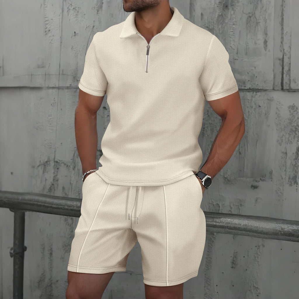 Waffle solid color zip-up lapel short-sleeve suit