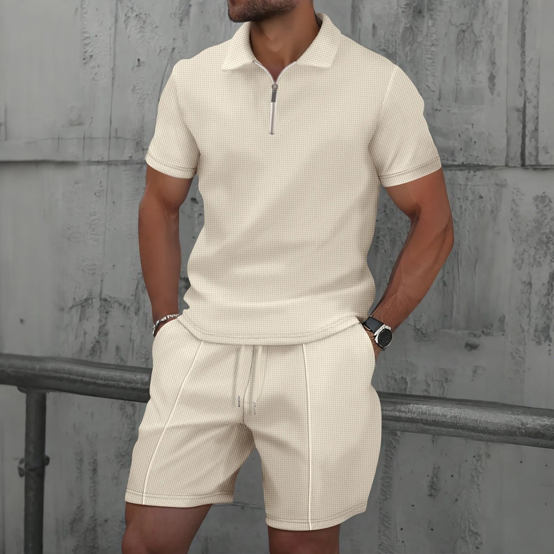Waffle solid color zip-up lapel short-sleeve suit