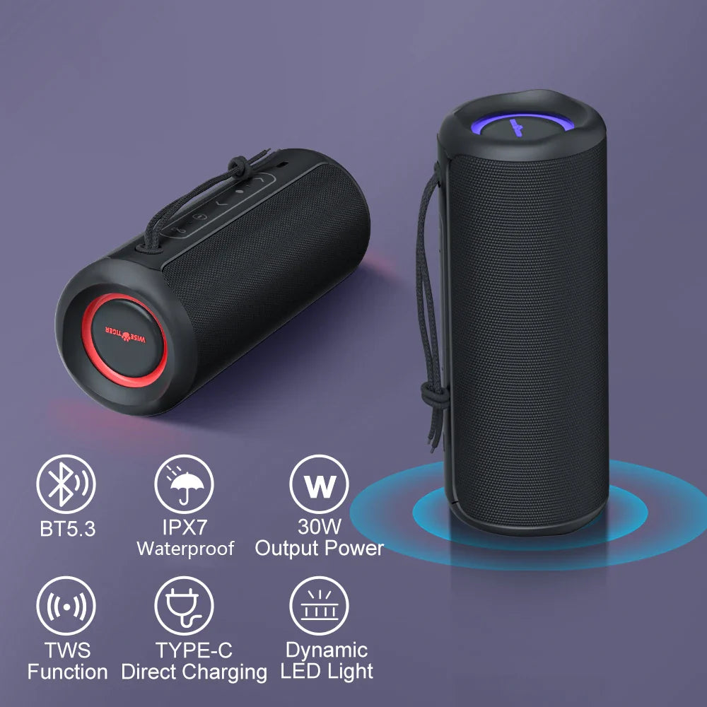 Waterproof Bluetooth Speaker – 30W Portable Speaker with RGB Lights & Bass Boost