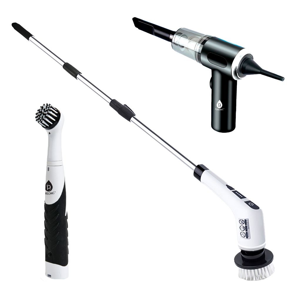 3-in-1 Cordless Rechargeable Cleaning Pursonic Bundle: Power Scrubber, Extended Brush & Mini Vacuum Duster for Home & Car.