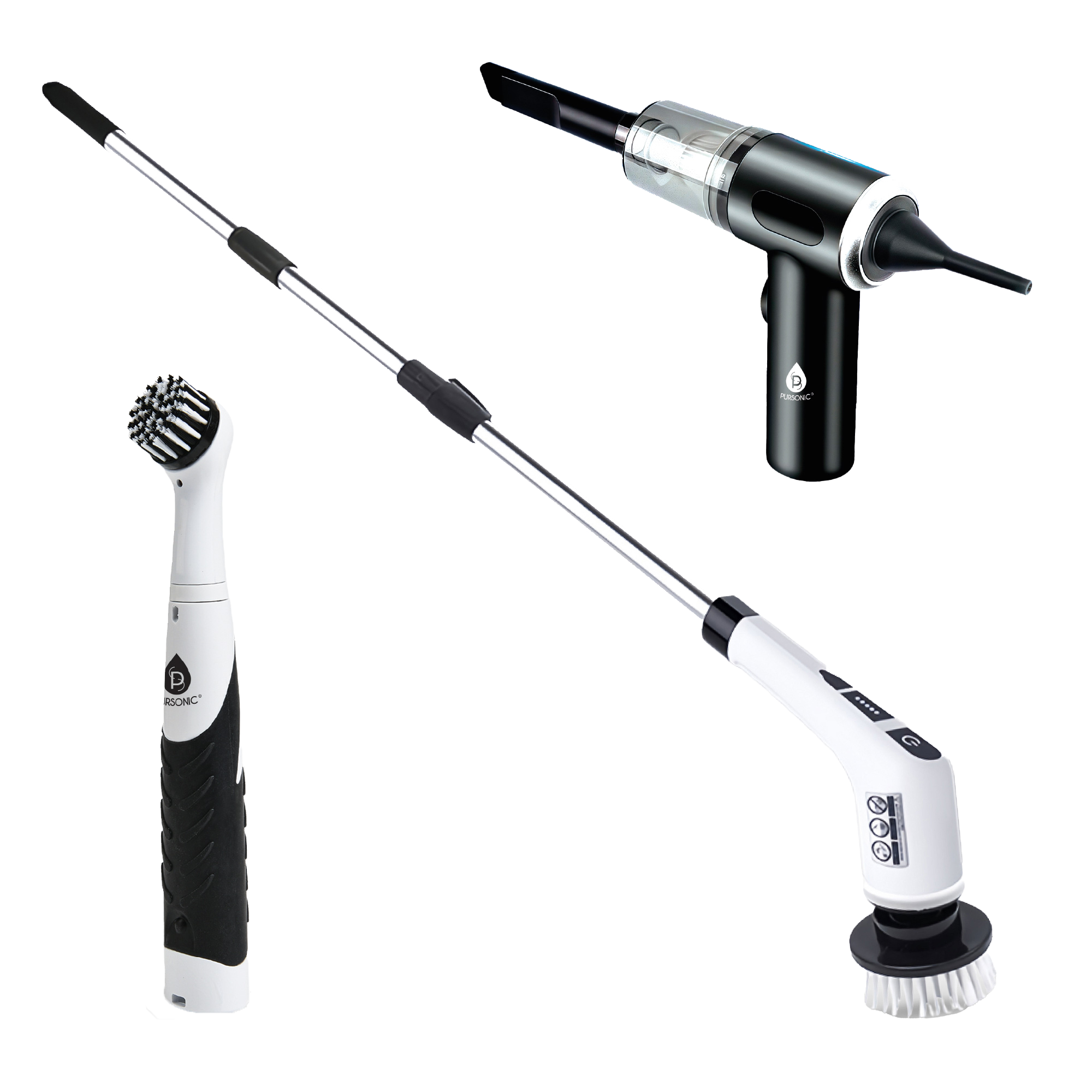 3-in-1 Cordless Rechargeable Cleaning Pursonic Bundle: Power Scrubber, Extended Brush & Mini Vacuum Duster for Home & Car.