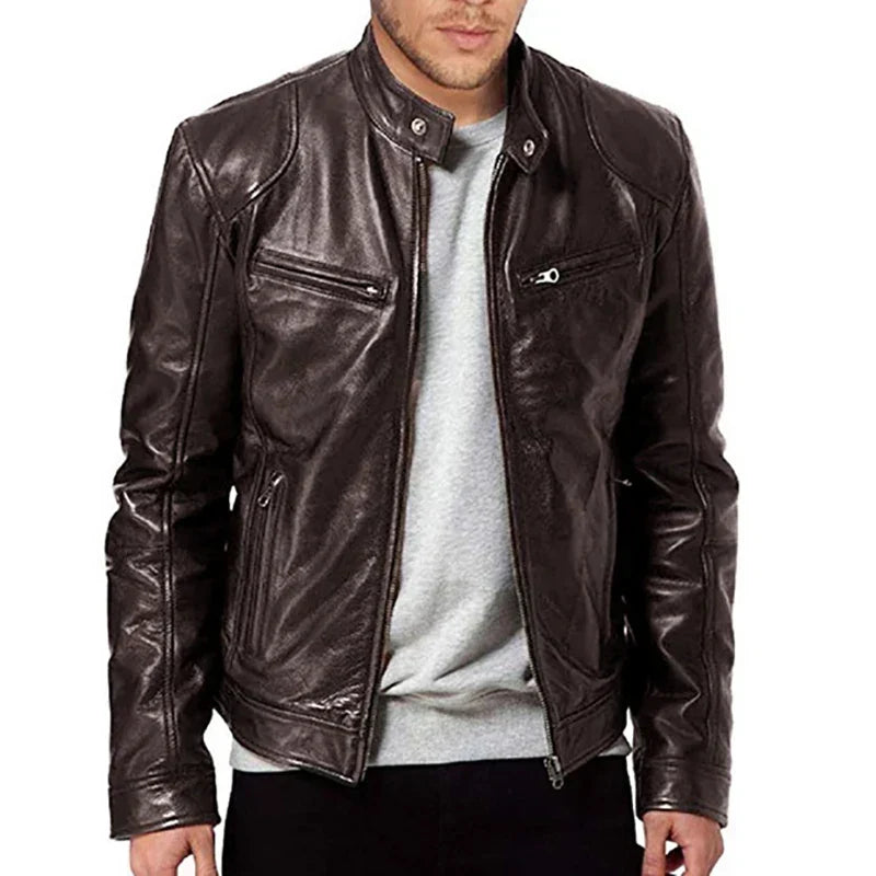 Men's PU Motorcycle Leather Jacket Slim Fit Zipper