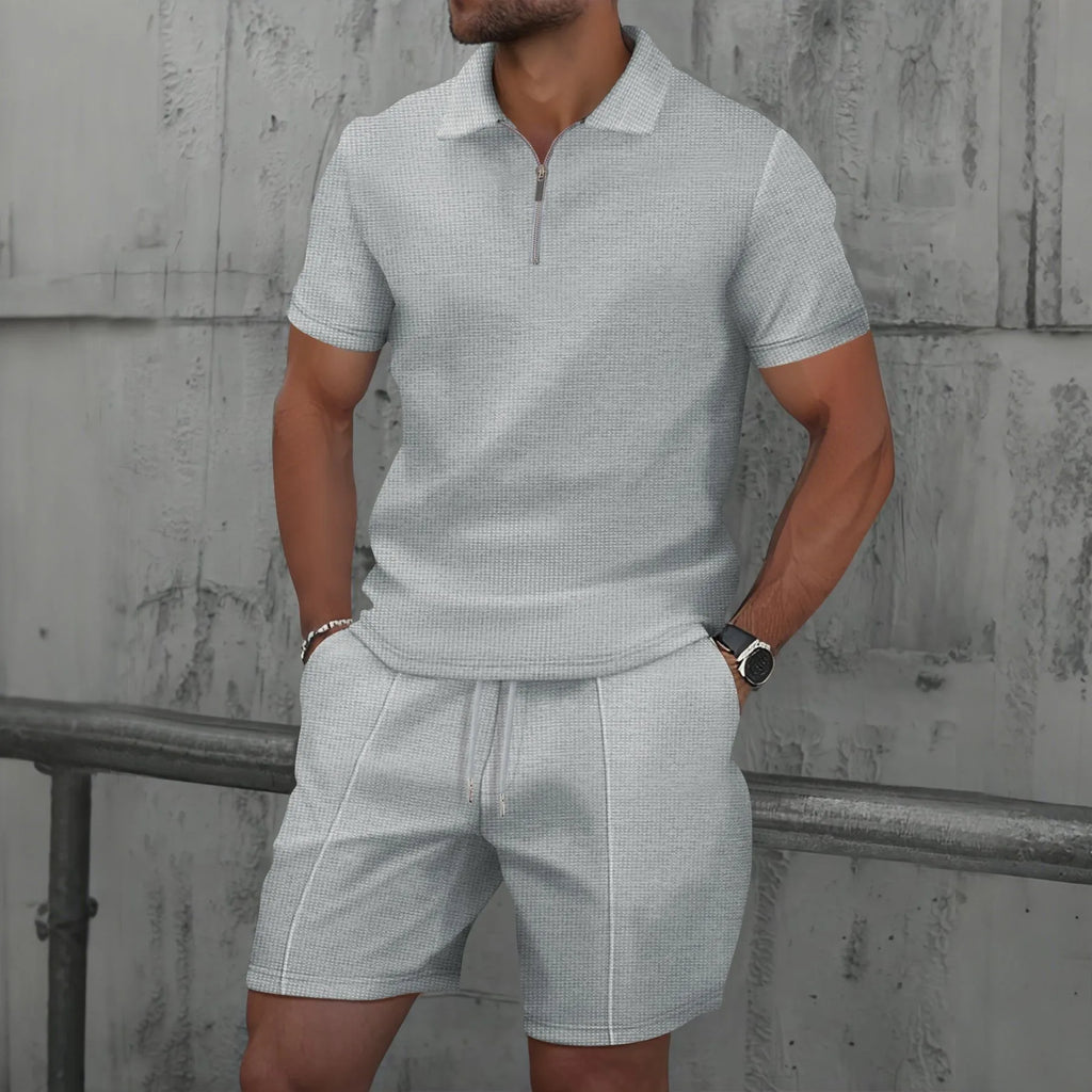 Waffle solid color zip-up lapel short-sleeve suit