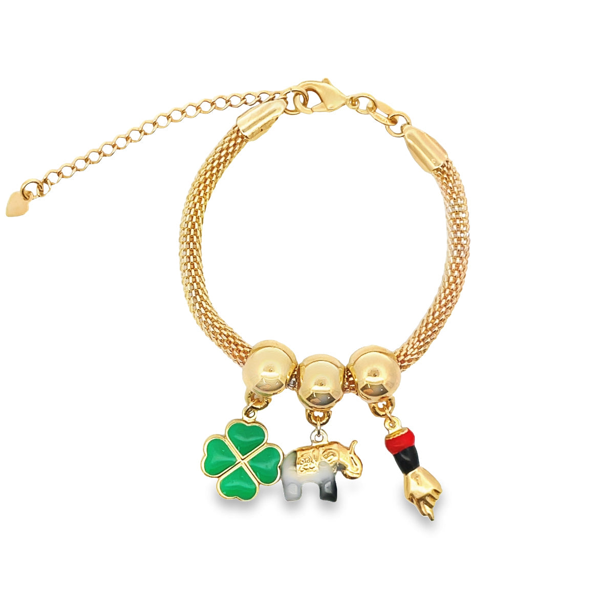 Beaded Green Clover Elephant Figa Hand Charms Bracelet