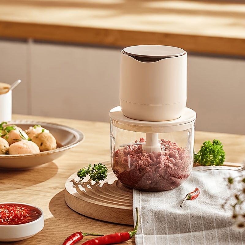 wireless meat grinder, USB charging meat grinder, 600ml food processor, multifunctional kitchen appliance, mincer, juicer, ice crusher, cordless blender, home electric food processor, Australian kitchen tool - Beige - Size 600ml