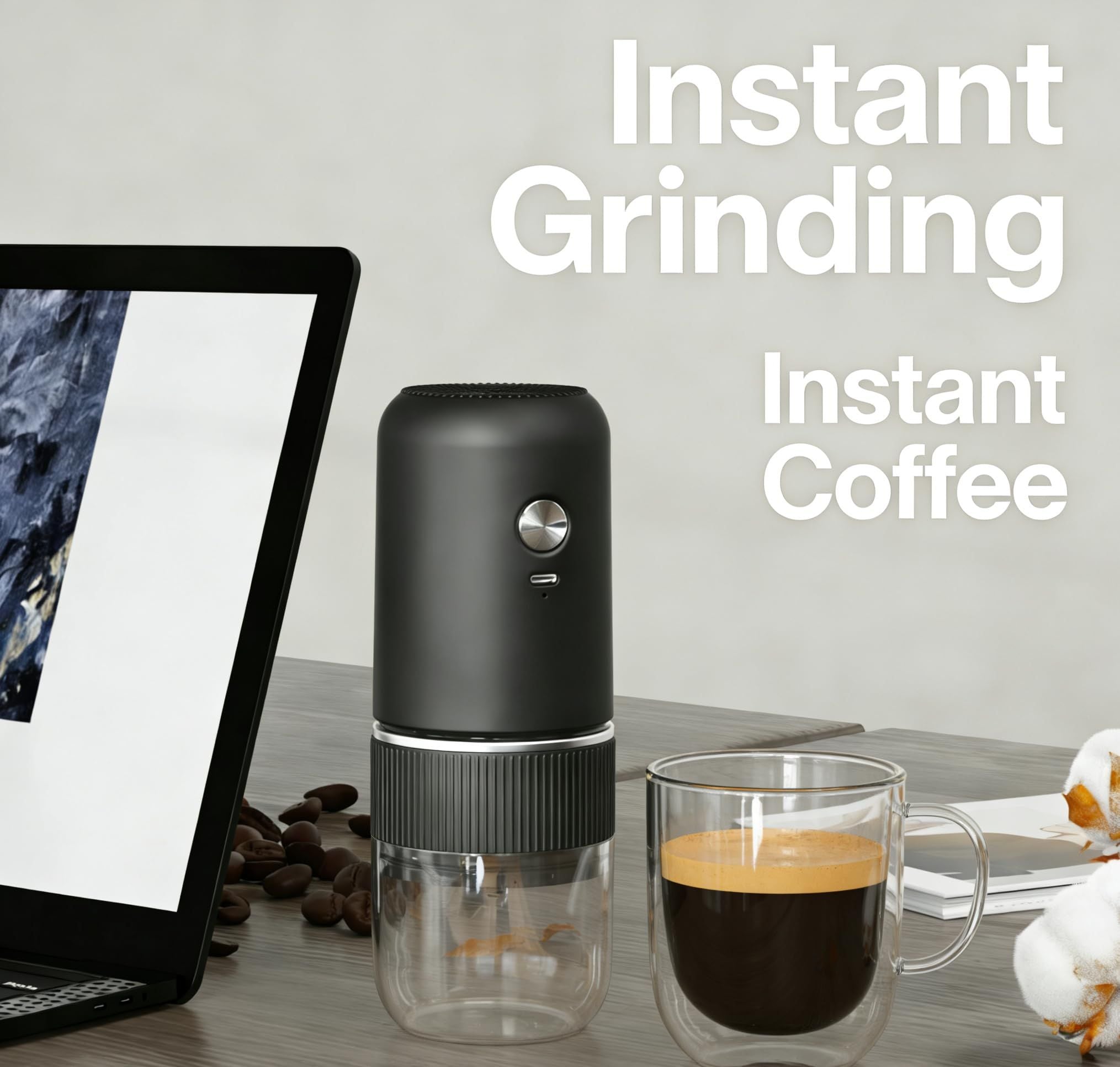 Black electric coffee grinder, automatic spice grinder, rechargeable, salt grinder, pepper grinder, adjustable coarseness, detachable design, kitchen tool.