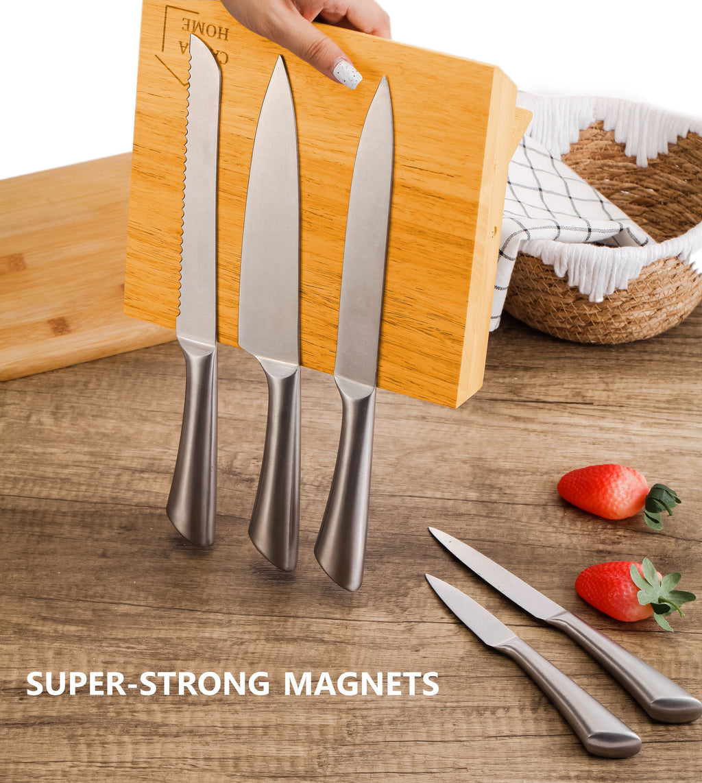 NNEDSZ Natural Bamboo Magnetic Knife Block Holder with Strong Magnets for Home Kitchen Storage & Organisation
