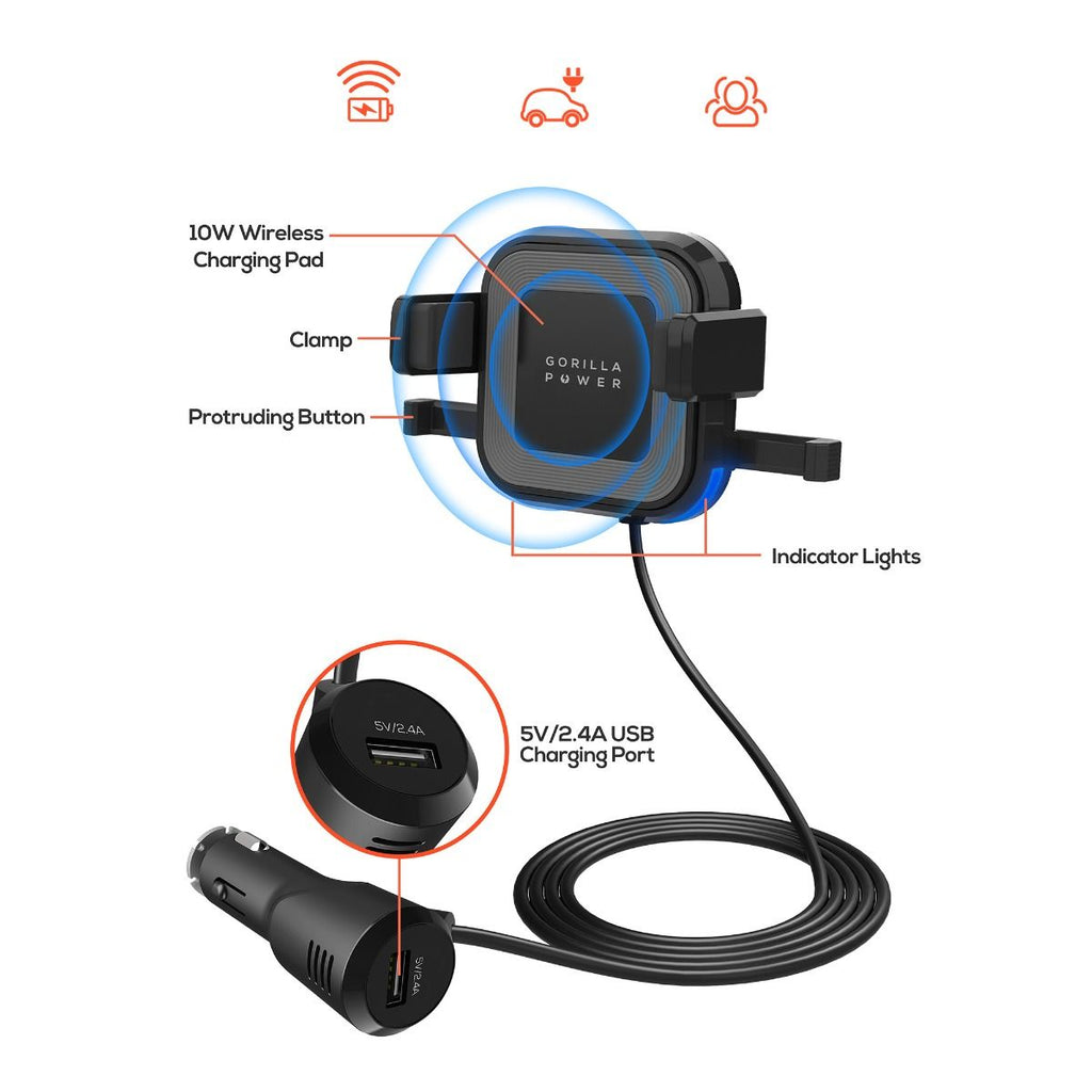 NNEDSZ mbeat Gorilla Power 10W Wireless Car Charger With 2.4A USB Charging, Air Vent Clip & Windshield Stand