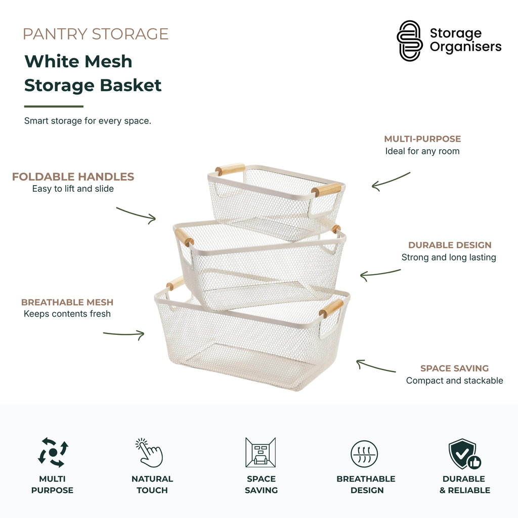 White Mesh Storage Basket with Wooden Handles